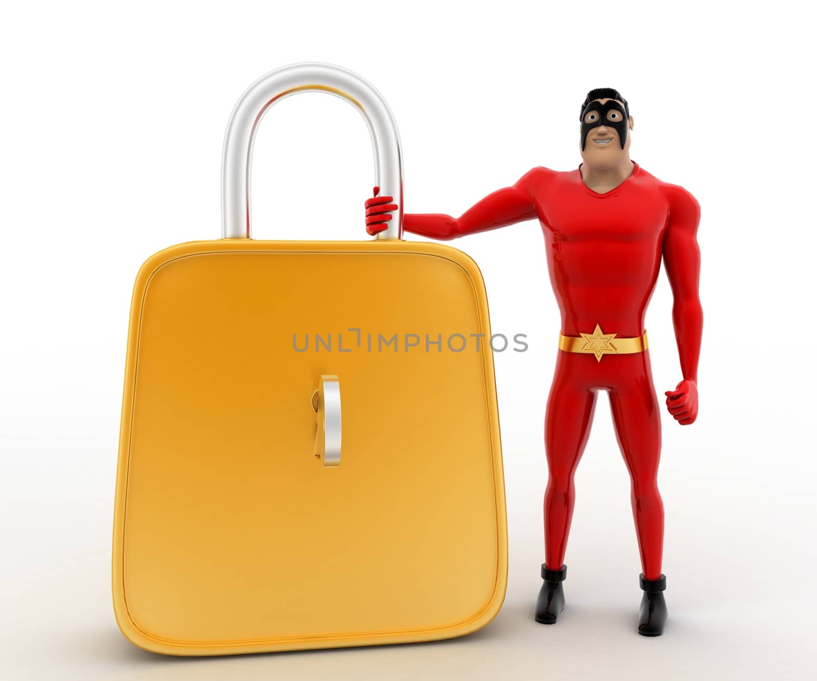 3d superhero  with big golden lock concept by touchmenithin@gmail.com