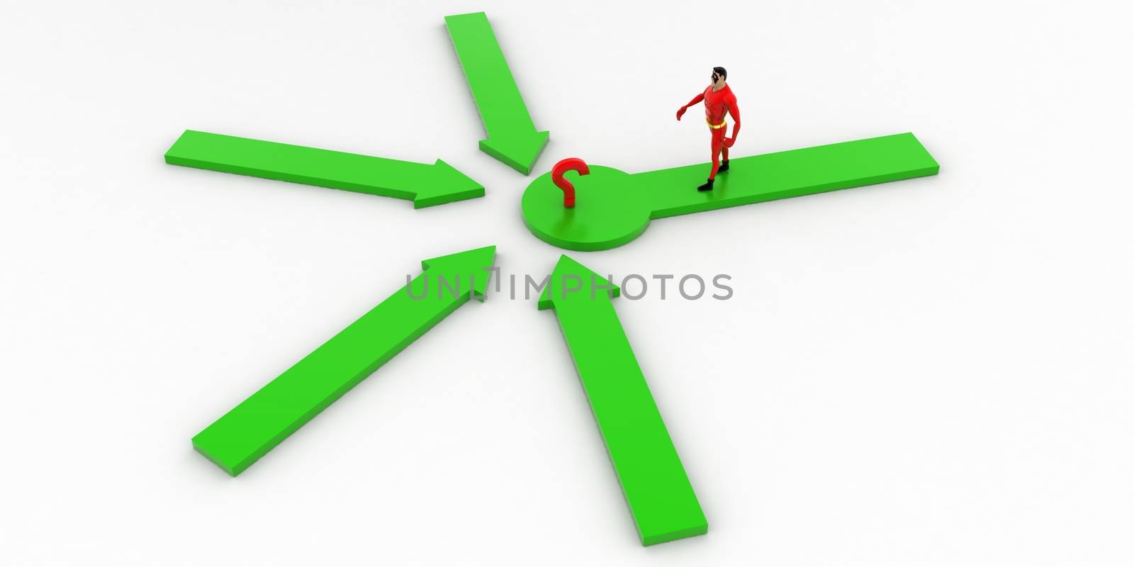 3d penguin looking at question mark where all arrows are pointing concept on white background, top angle view