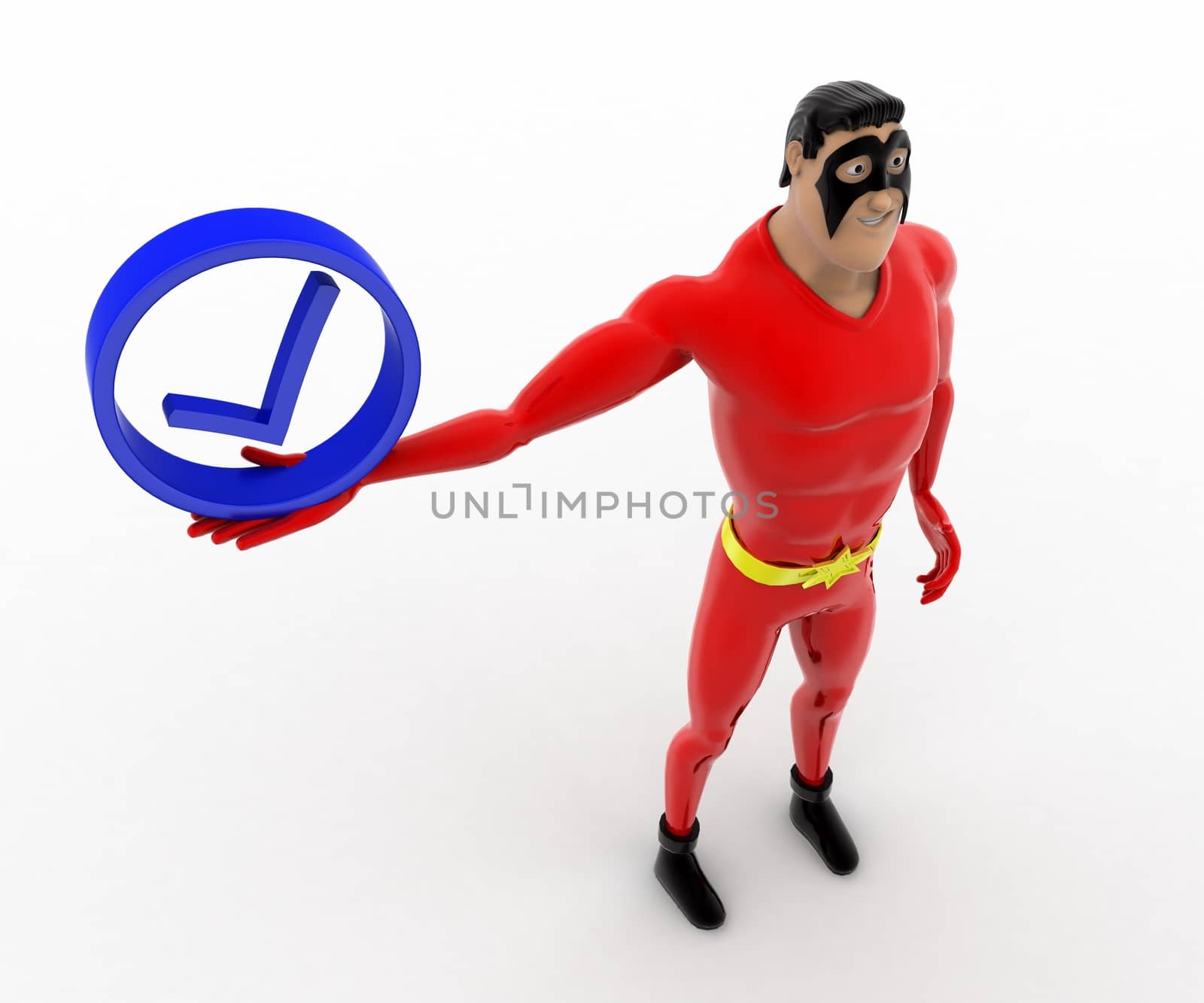 3d superhero  holding blue correct symbol concept on white background, top angle view