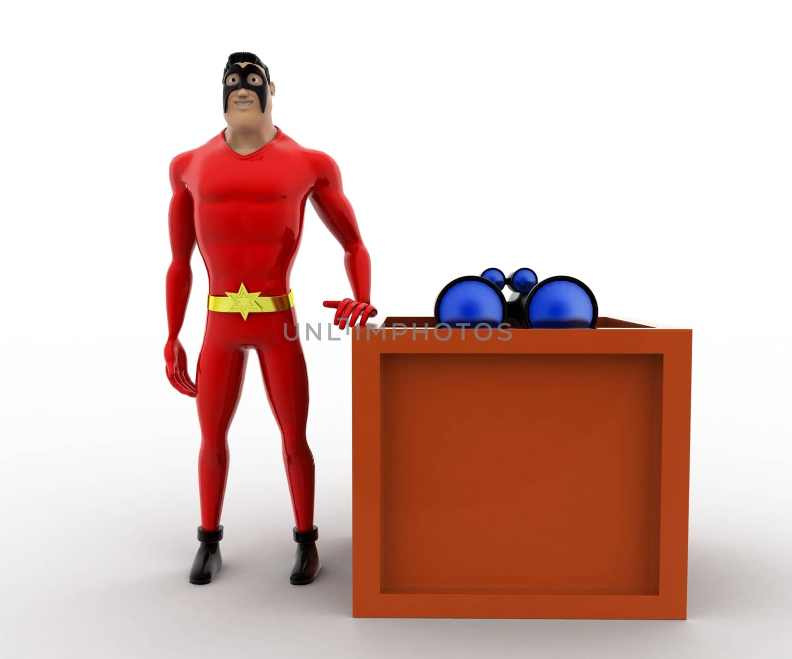 3d superhero  with box and binocular concept by touchmenithin@gmail.com