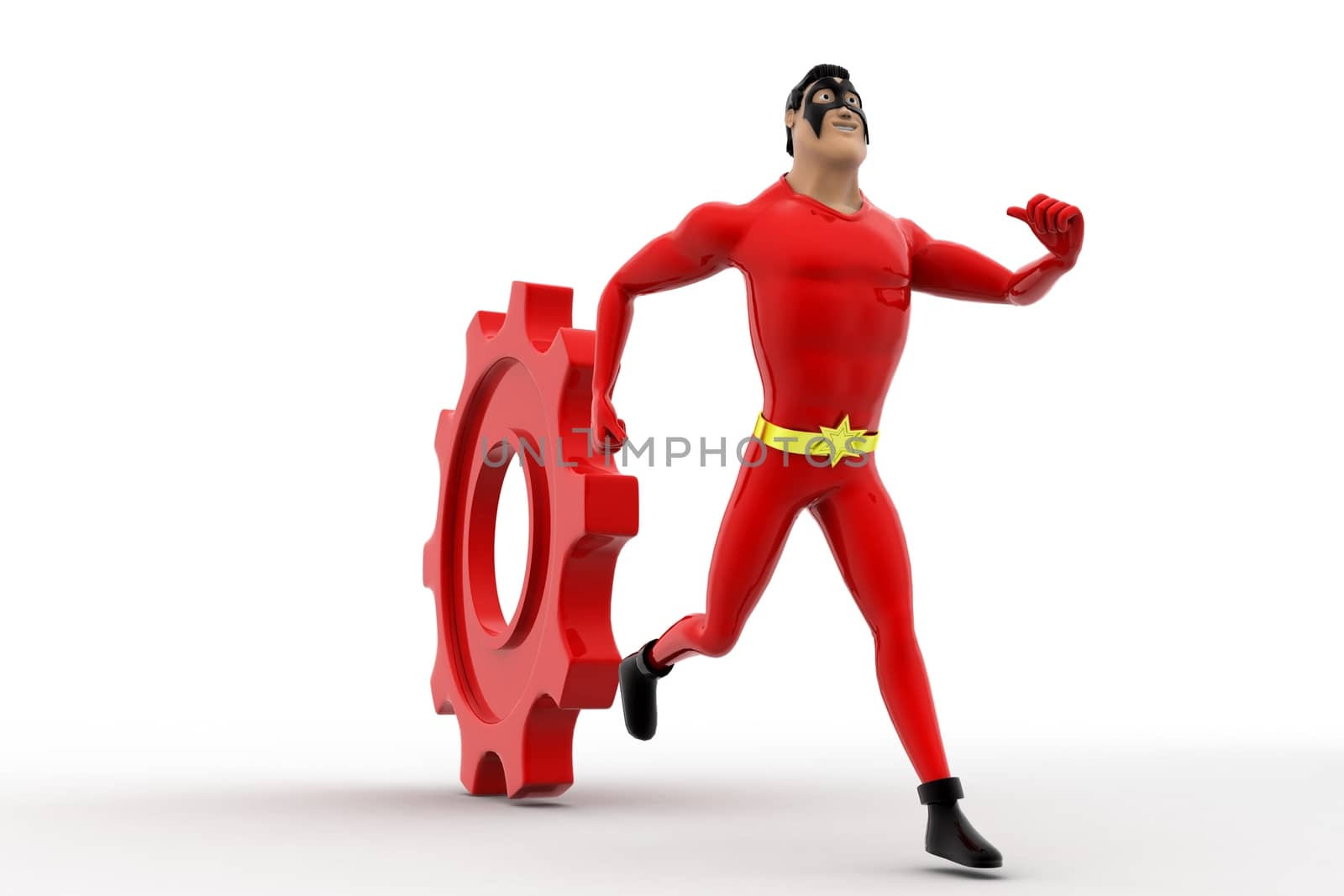 3d superhero  running from rolling big cogwheel concept on white background, side angle view