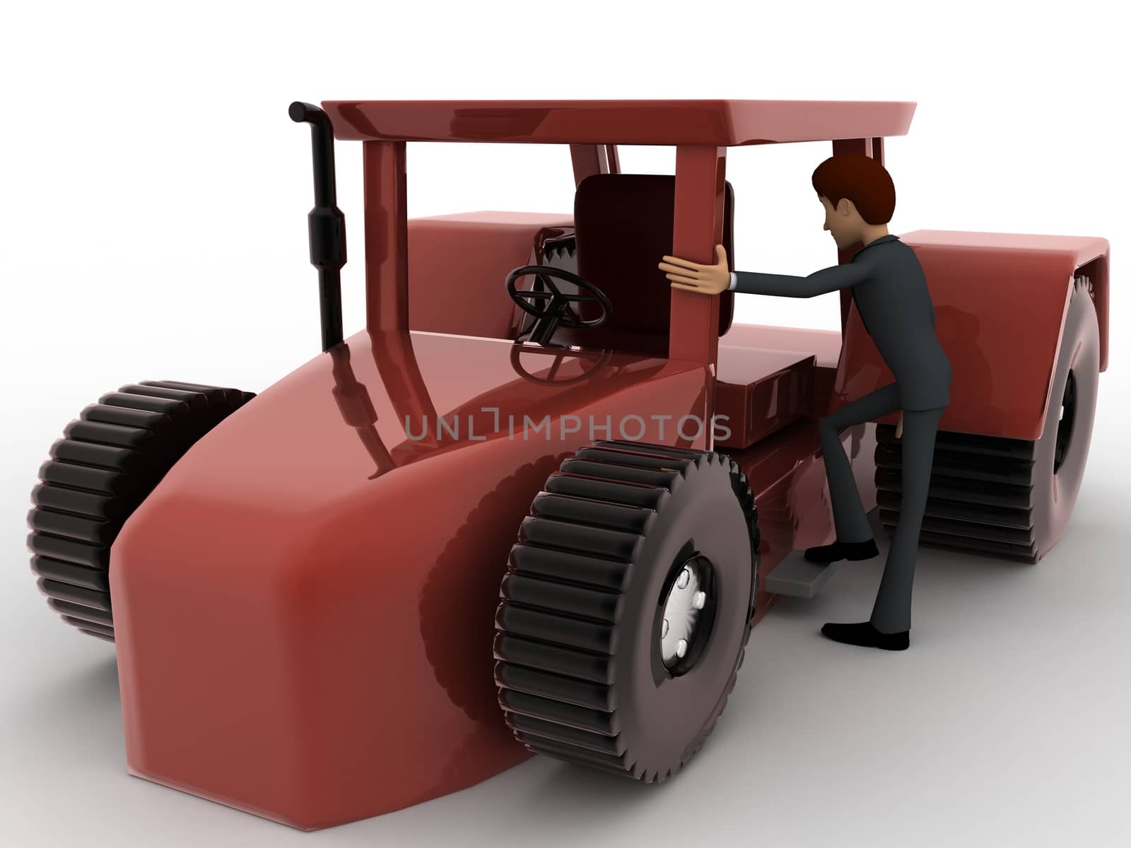 3d man with tracktor concept on white background, front angle view