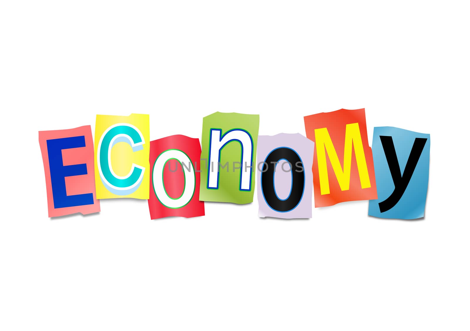 Illustration depicting a set of cut out printed letters arranged to form the word economy.