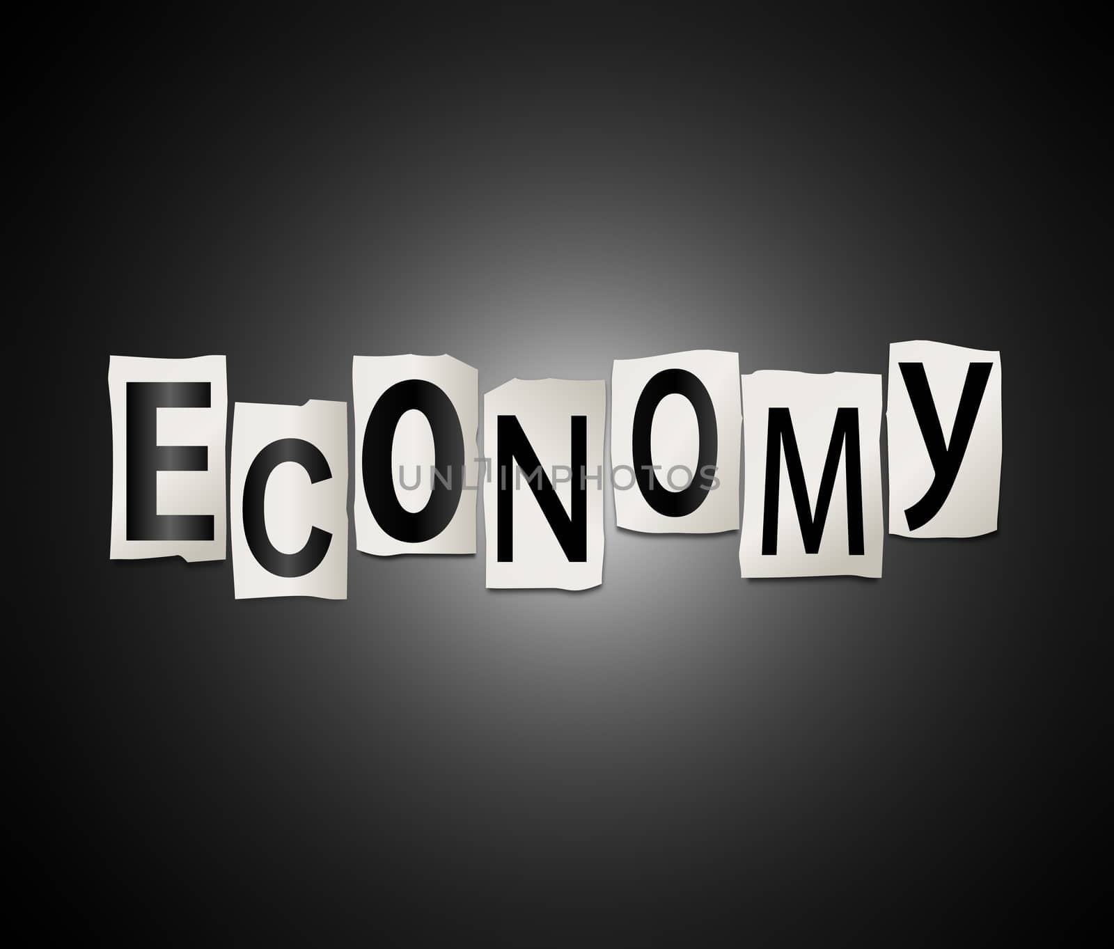 Illustration depicting a set of cut out printed letters arranged to form the word economy.