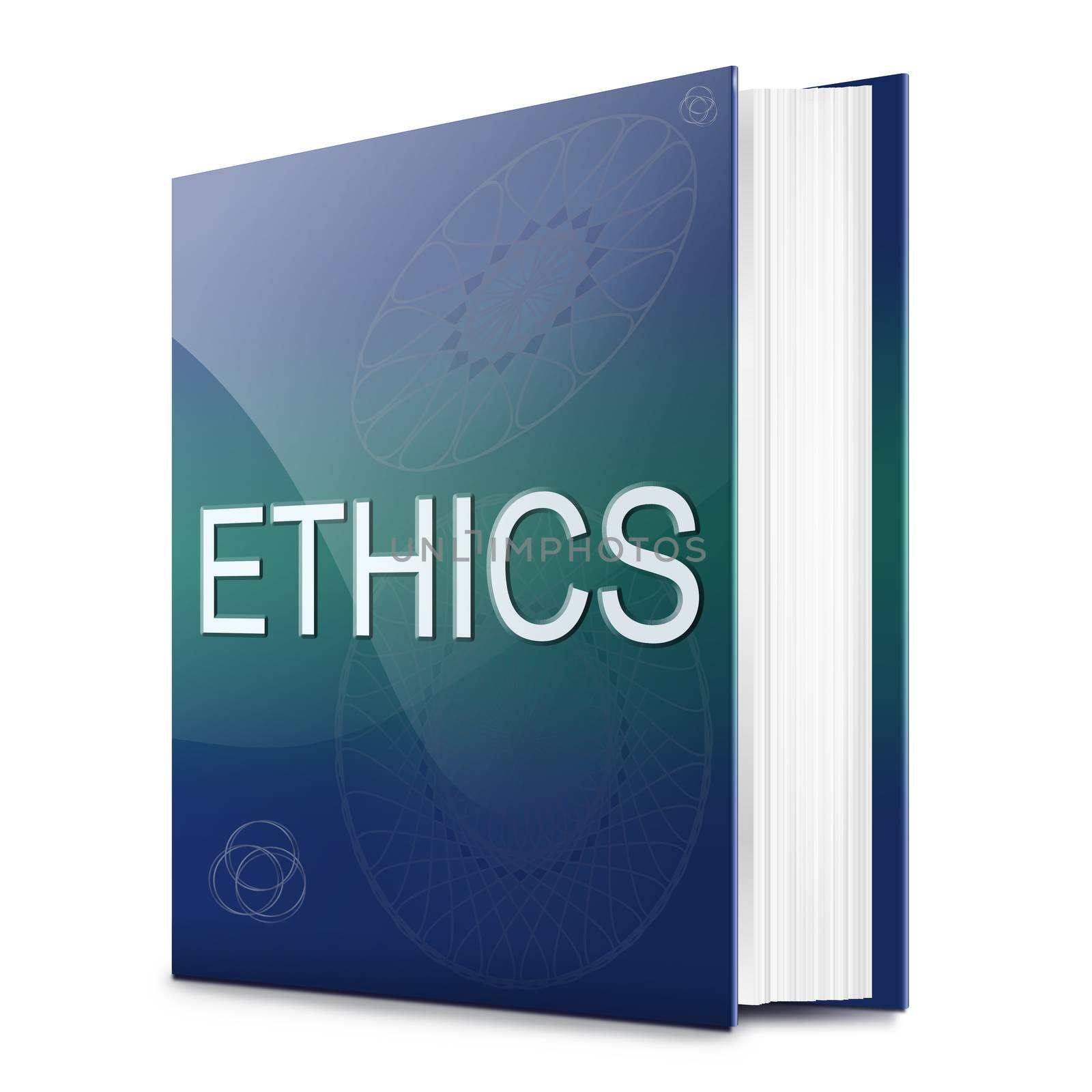 Illustration depicting a text book with an ethics concept title. White background.