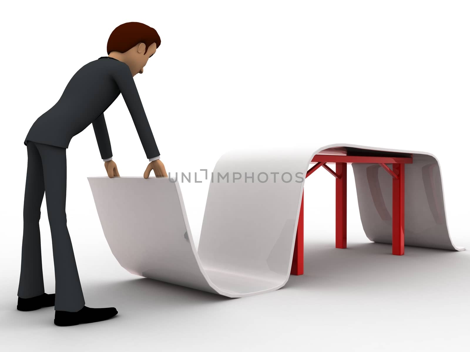 3d man folding big paper concept on white background,  side angle view