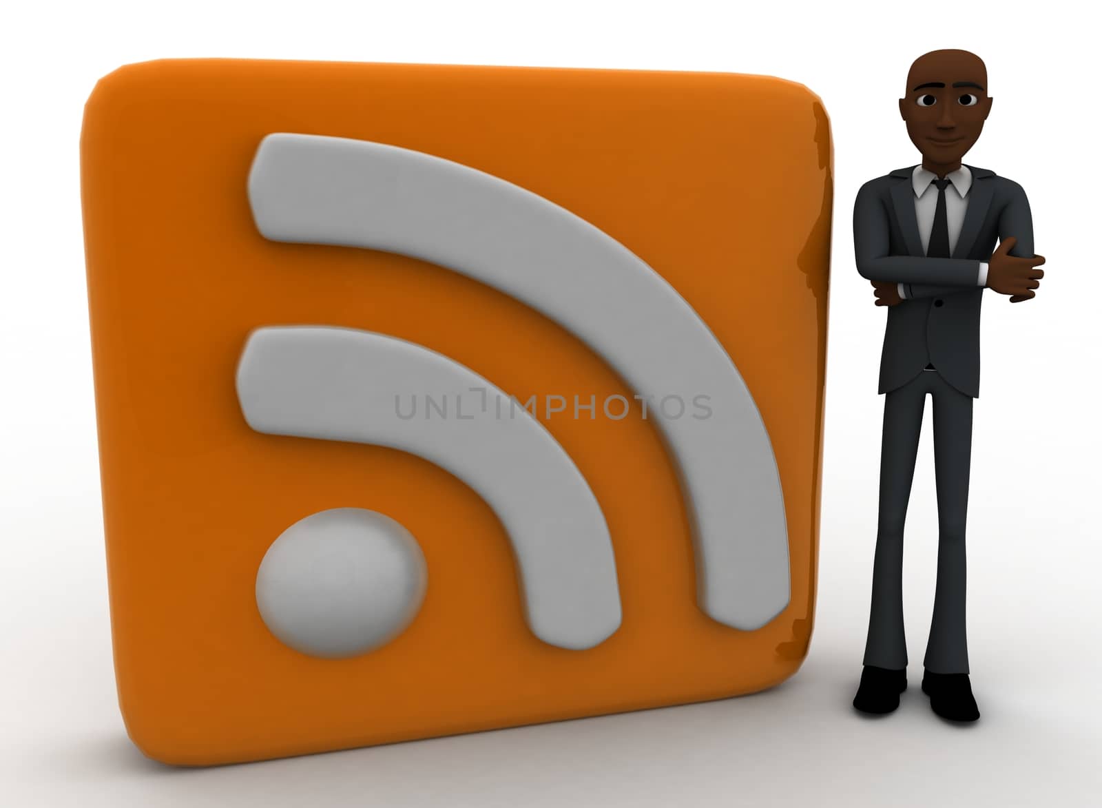 3d man standing beside rss feed concept on white background, front angle view