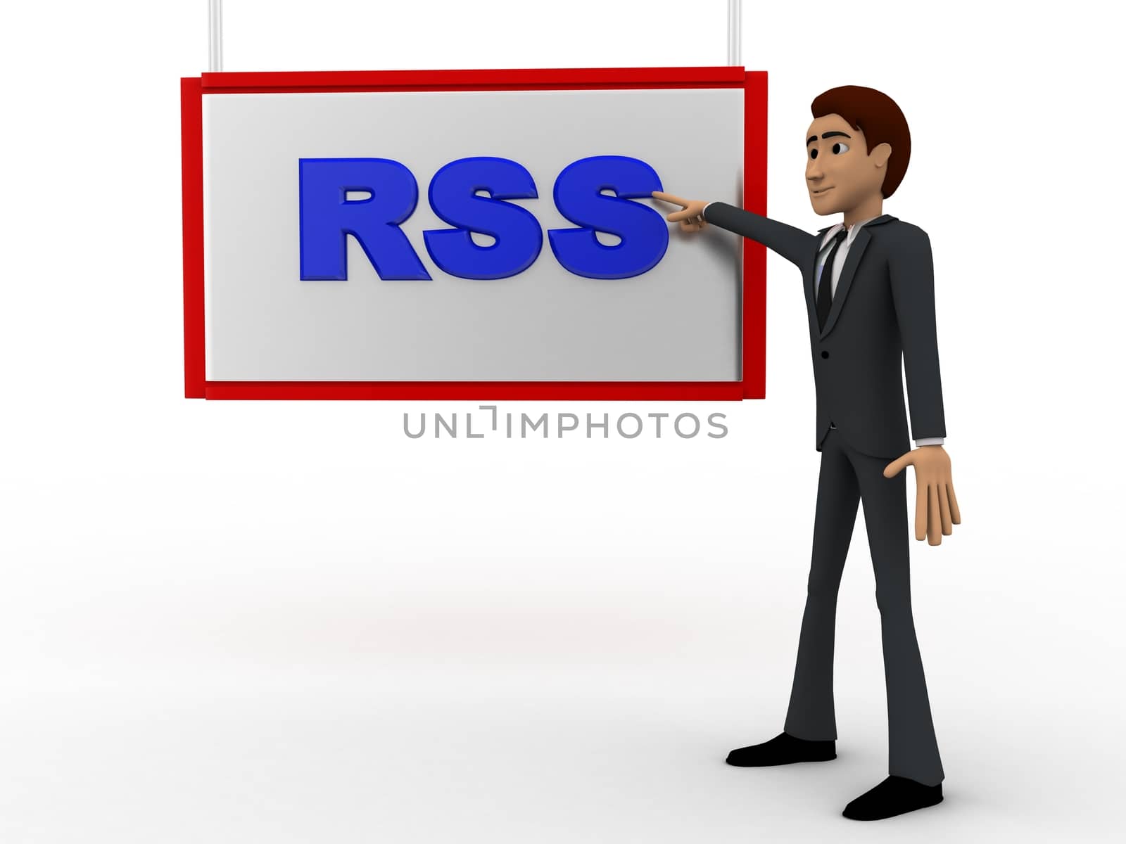 3d man pointing fingure at RSS board concept on white background, front angle view