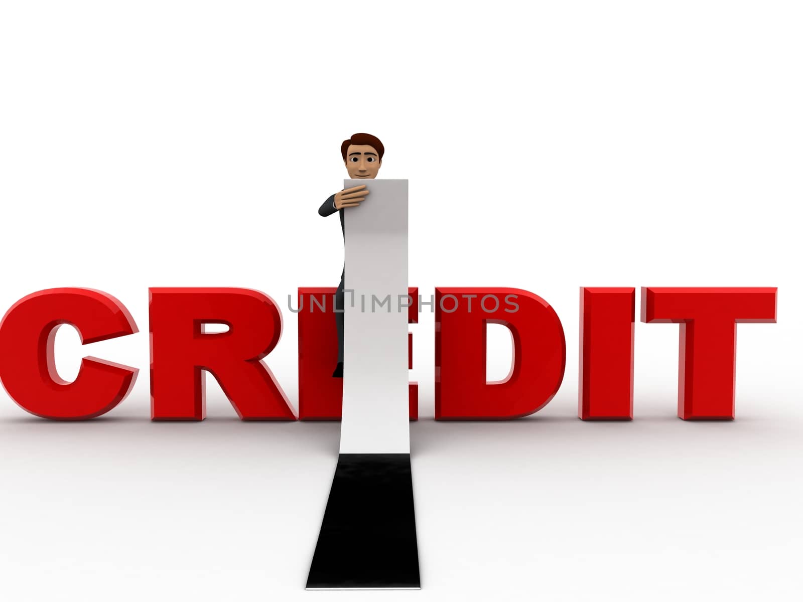 3d man sitting on credit text concept on white background, front angle view