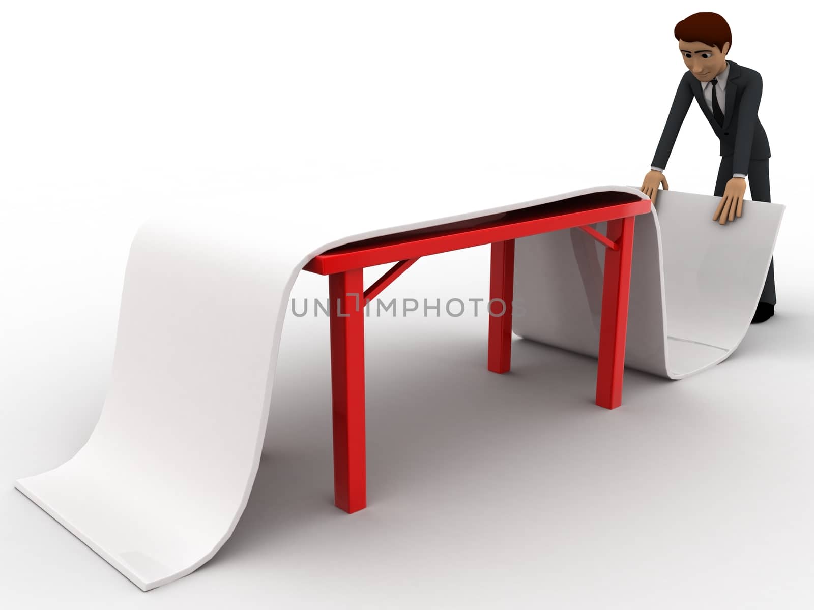 3d man folding big paper concept on white background, front angle view