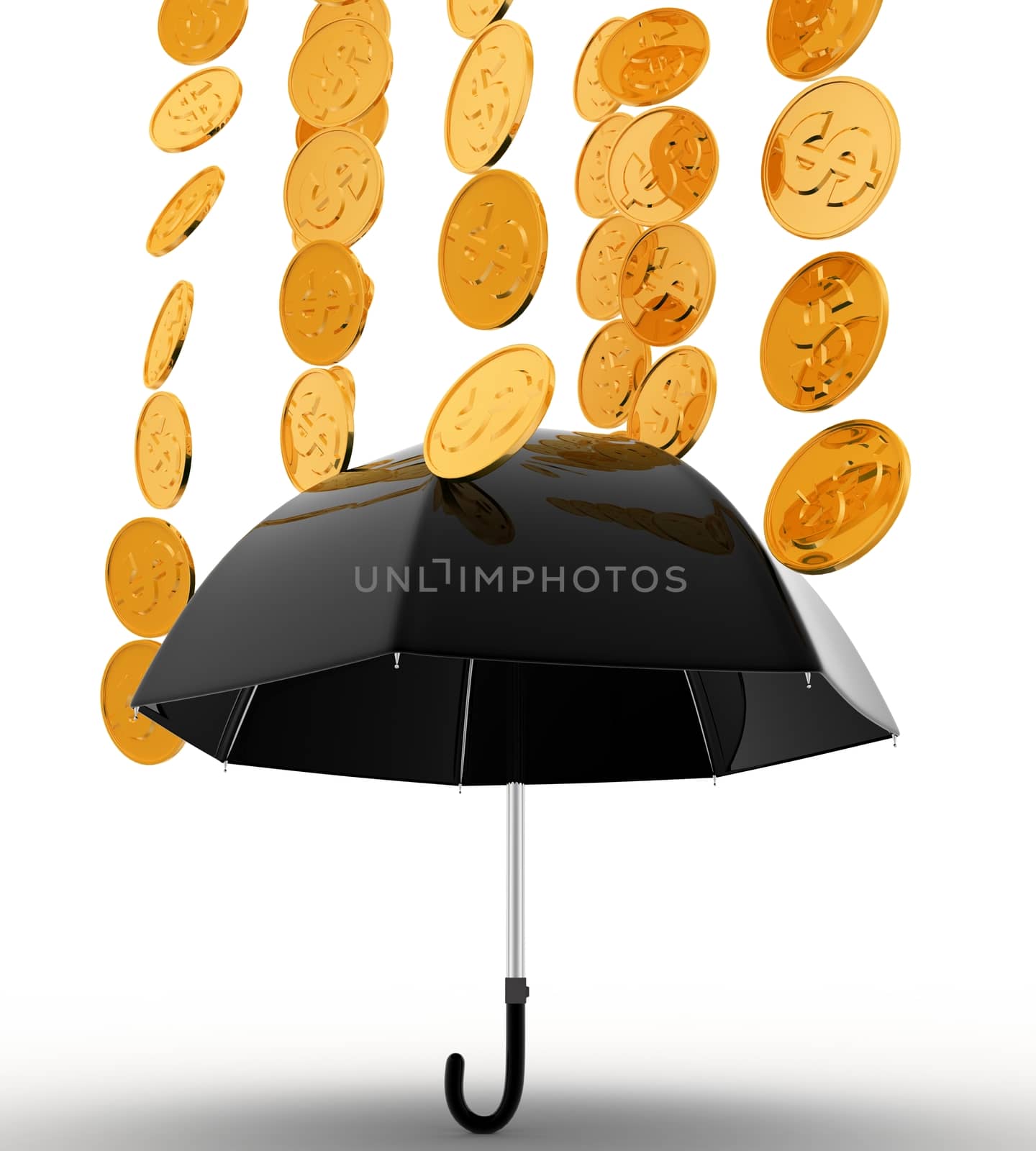 3d umbrella under rain concept on white background, low  angle view