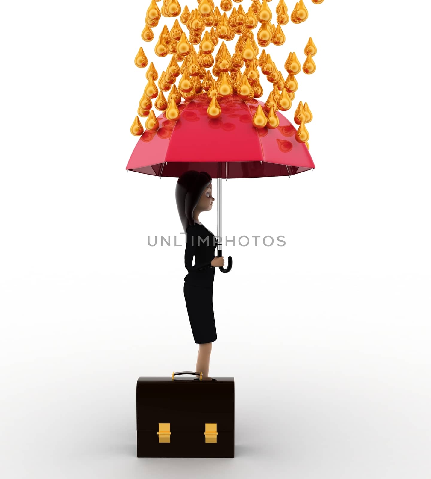 3d woman holding pink umbrella under rain of gold coin concept on white background, side angle view
