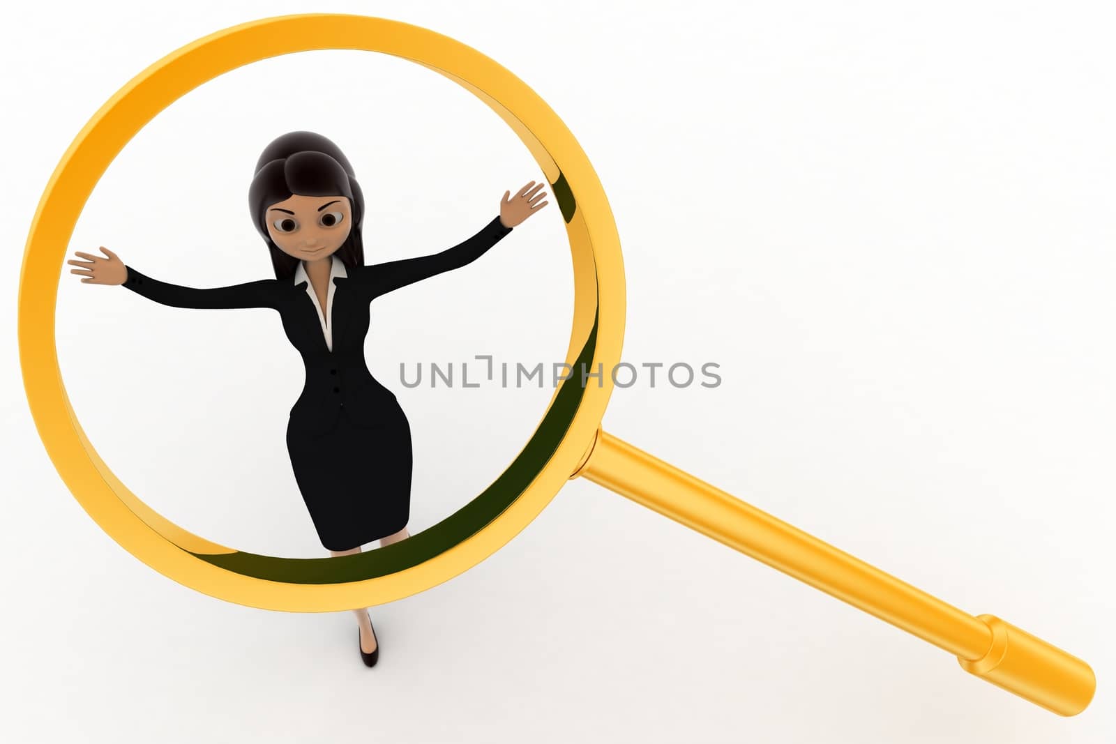 3d woman under falling magnifying glass concept on white background, top angle view