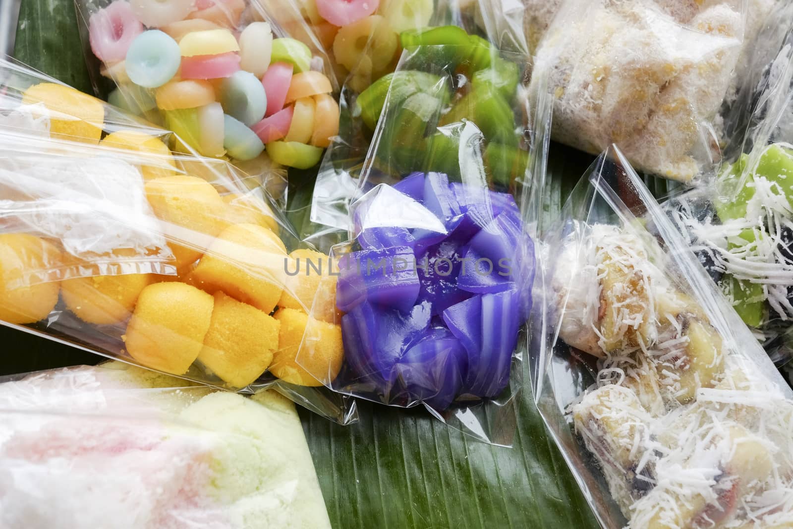 Thai dessert - many kind of Thai dessert in plastic bag at market