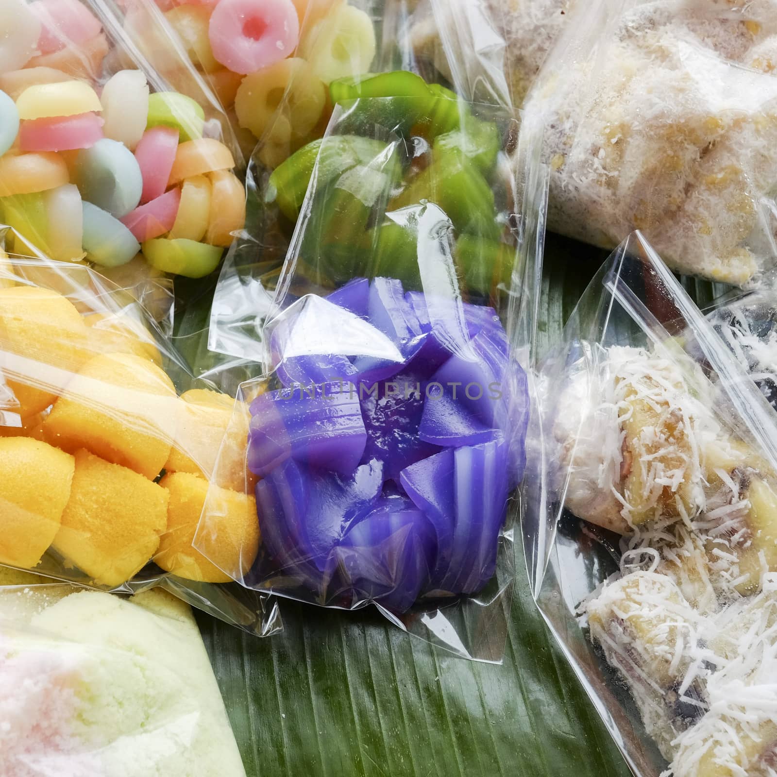 Thai dessert - many kind of Thai dessert in plastic bag at market