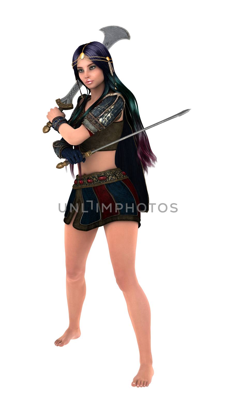 3D digital render of a beautiful warrior woman holding two swords isolated on white background