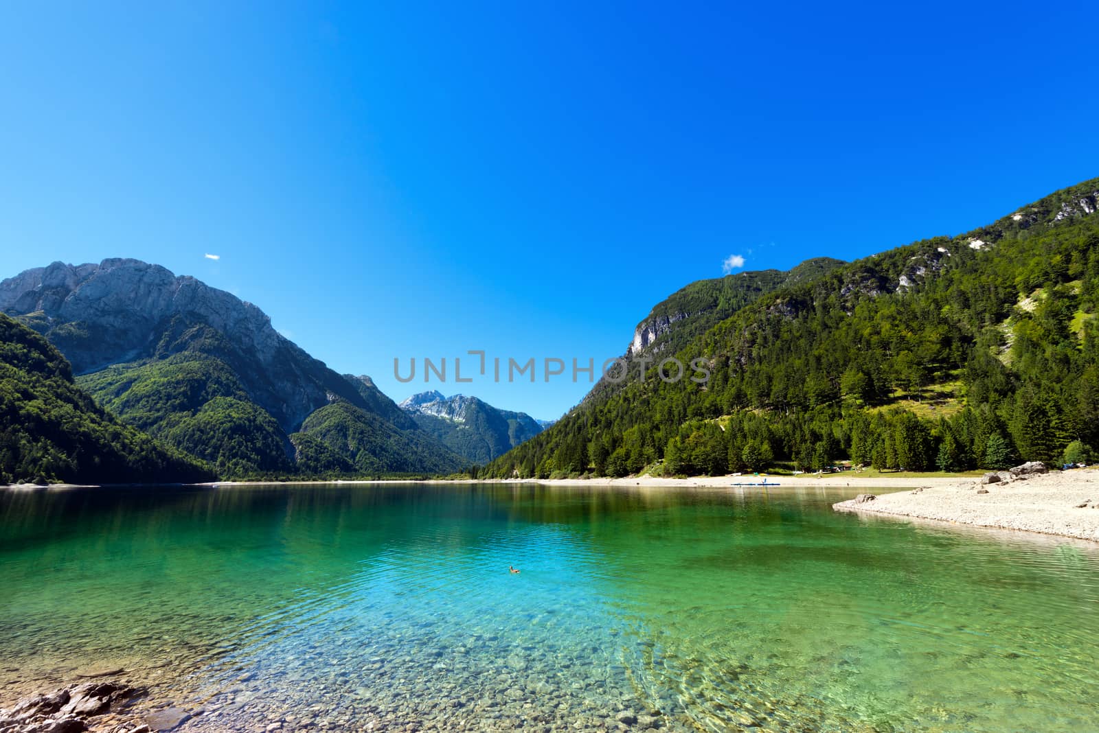 Lago del Predil (Predil Lake), beautiful alpine lake in north Italy near the Slovenian border. Julian Alps, Friuli Venezia Giulia, Italy