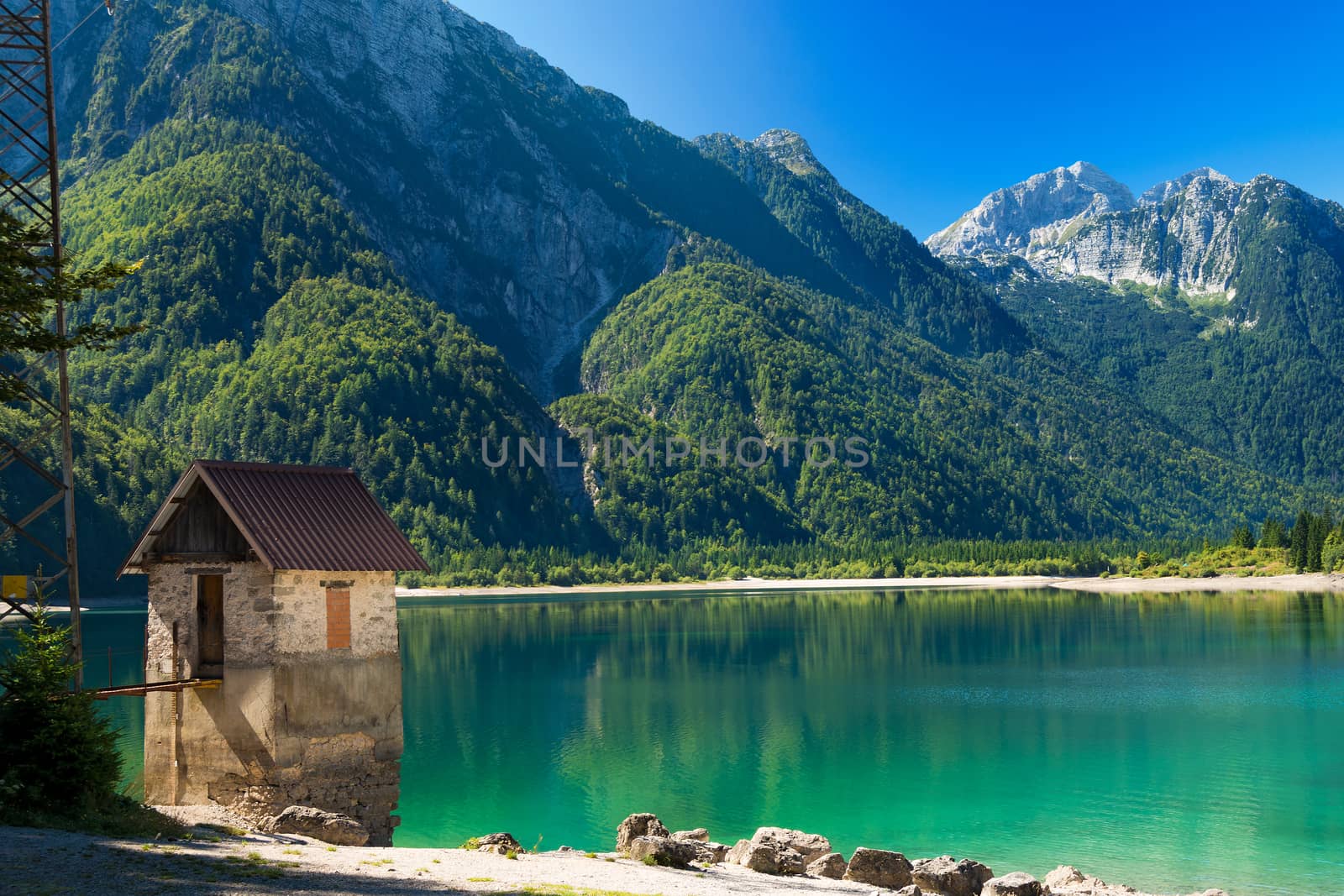 Lago del Predil (Predil Lake), beautiful alpine lake in north Italy near the Slovenian border. Julian Alps, Friuli Venezia Giulia, Italy