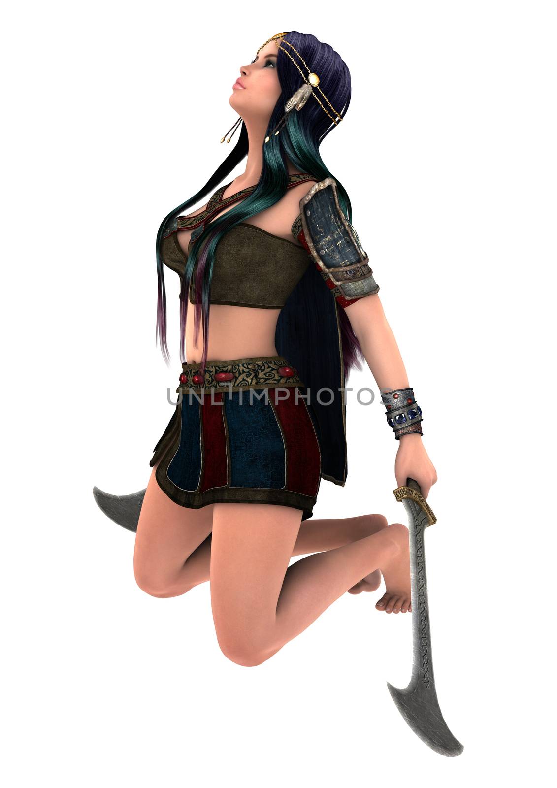 3D digital render of a beautiful warrior woman holding two swords isolated on white background