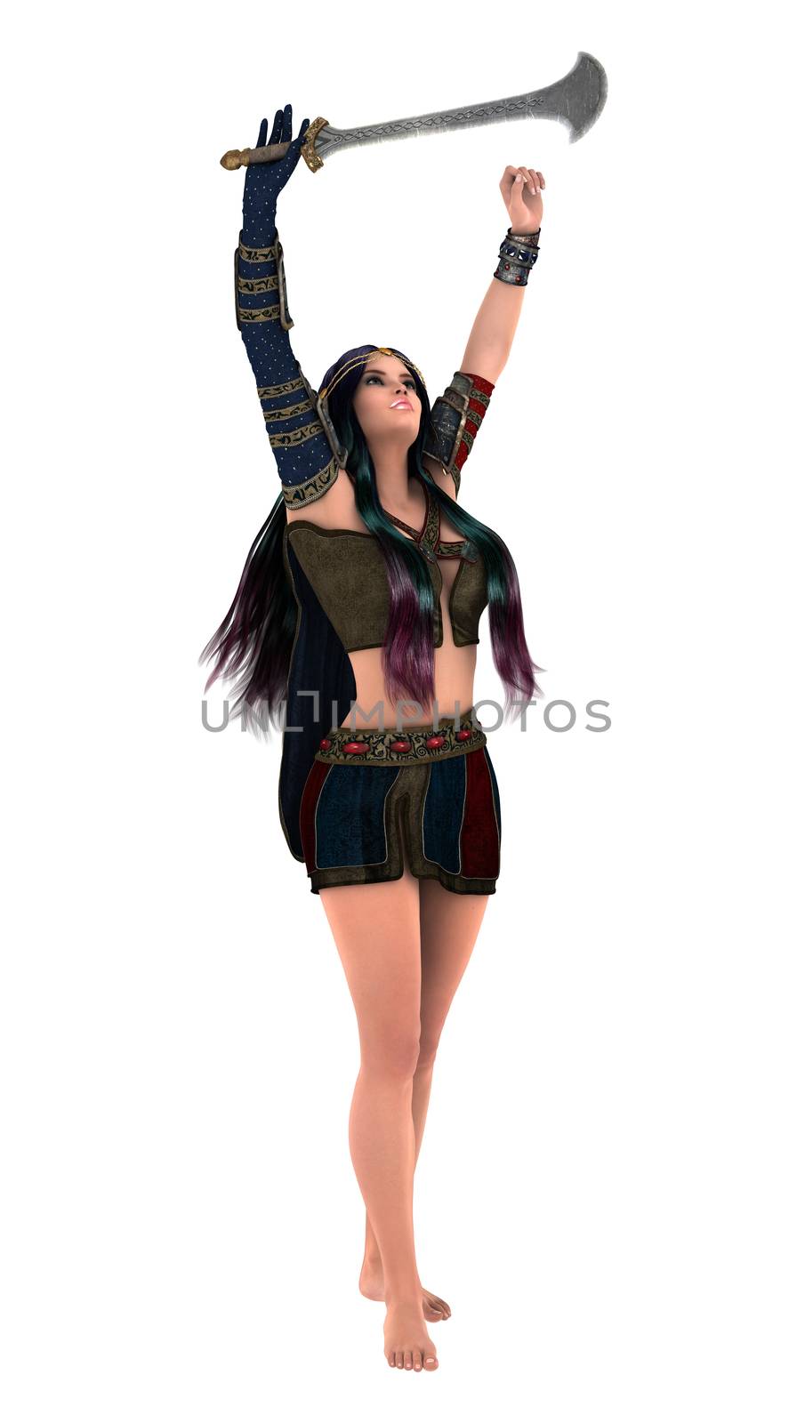 3D digital render of a beautiful warrior woman holding a sword isolated on white background