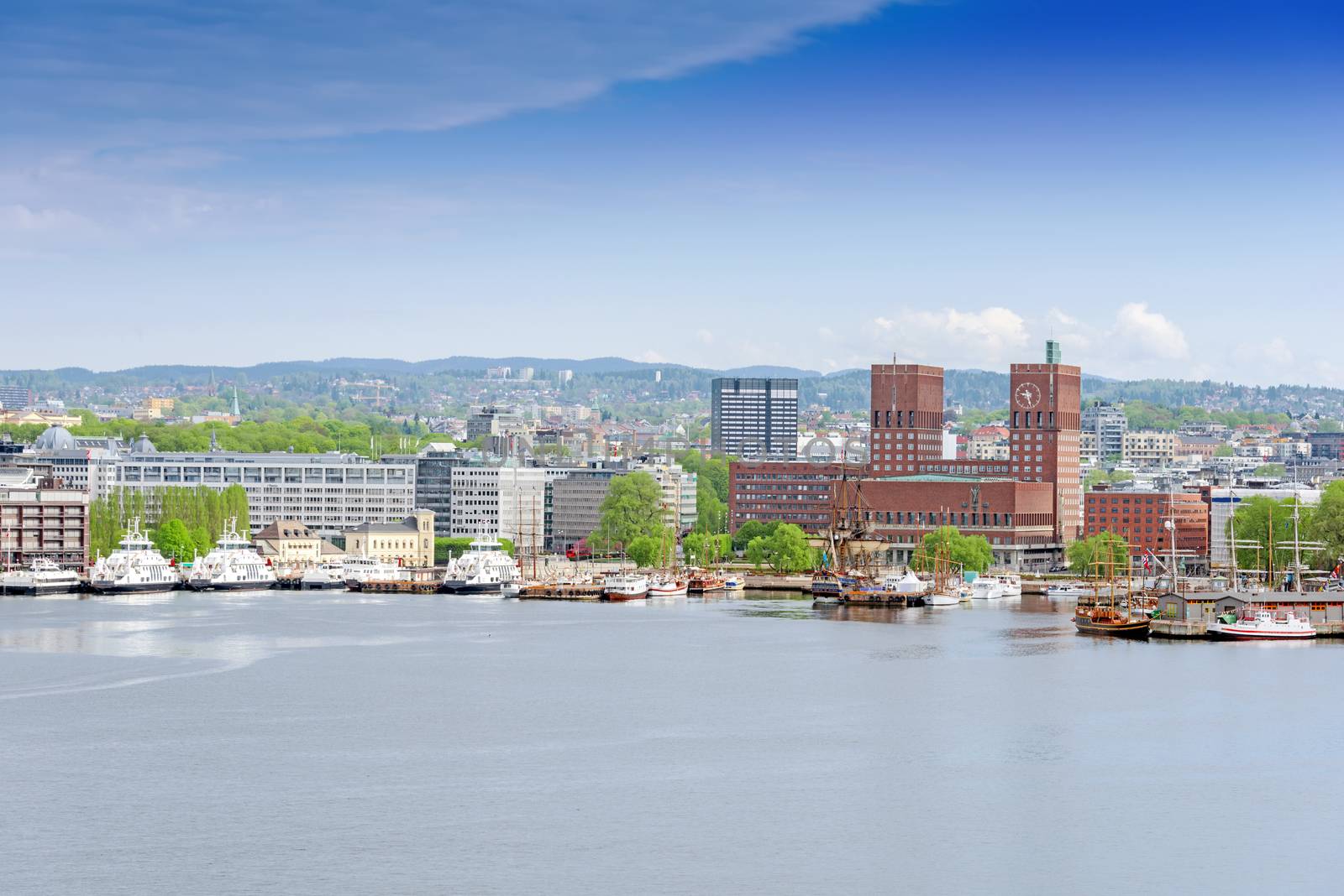 View of Oslo Town Hall from the sea copy space by Nanisimova