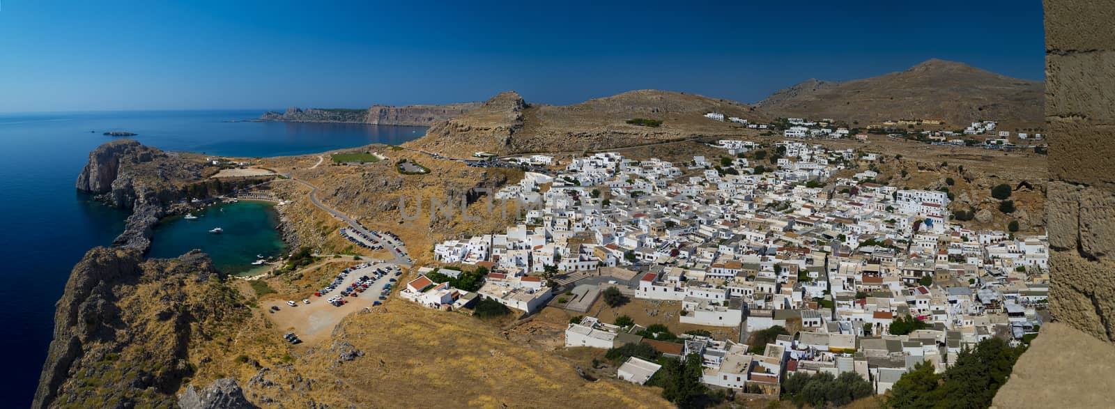 Beautiful blue-green bay seen fromthe heights of the Acropolis of Lindos