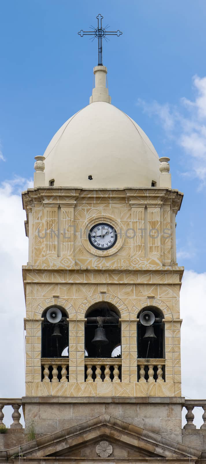 Vertical picture of the belfry of Calera Church in Cundinamarca Colombia