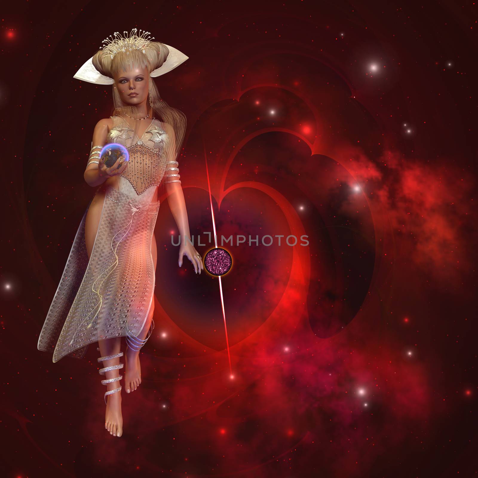 Goddess of the stars stands near a large star-shaped nebula with the Earth planet in her hand.