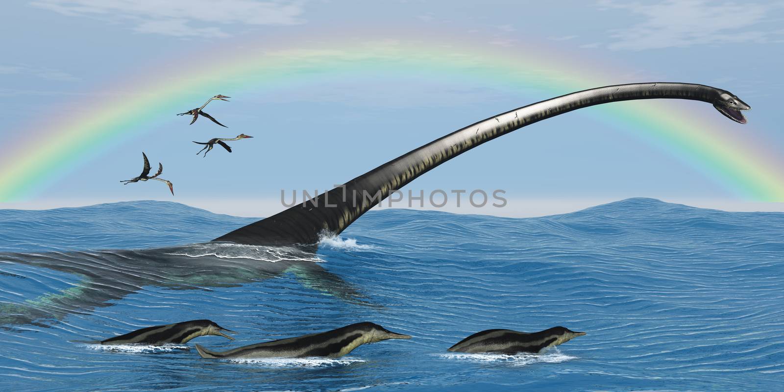 Elasmosaurus tries to capture one of the Dolichorhynchps reptiles as Quetzalcoatlus birds look for fish.