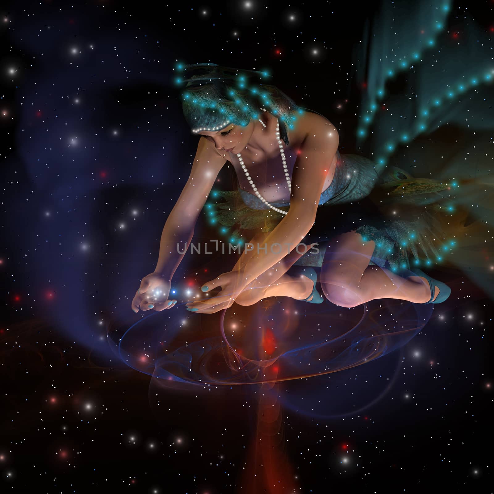 A ghostly female spirit dressed in turquoise stars spreads stars and planets throughout the universe.