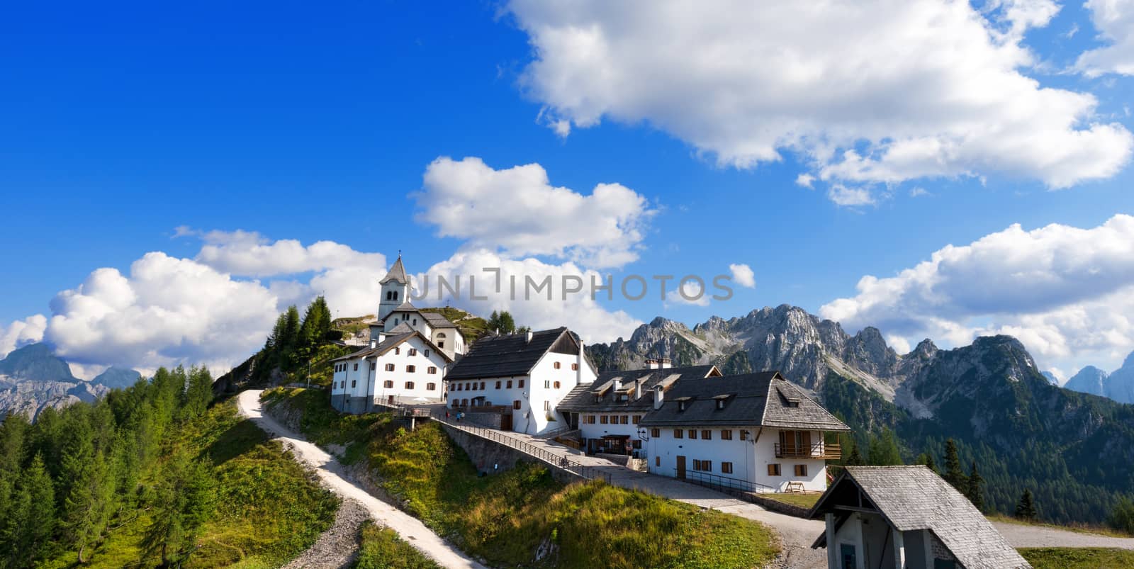 Panoramic view of the ancient village of Monte Lussari (1790 m) in the Italian Alps. Tarvisio, Friuli Venezia Giulia, Italy