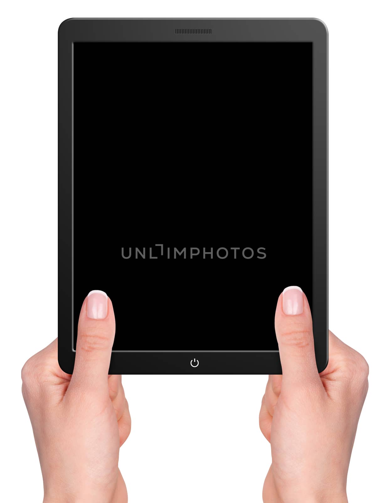 Modern computer tablet with hands. Blank and isolated on white background
