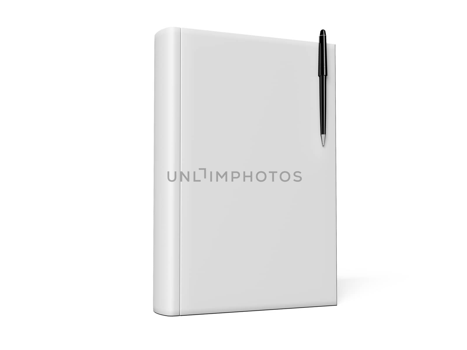 Black pen on white open book, on white background. by teerawit