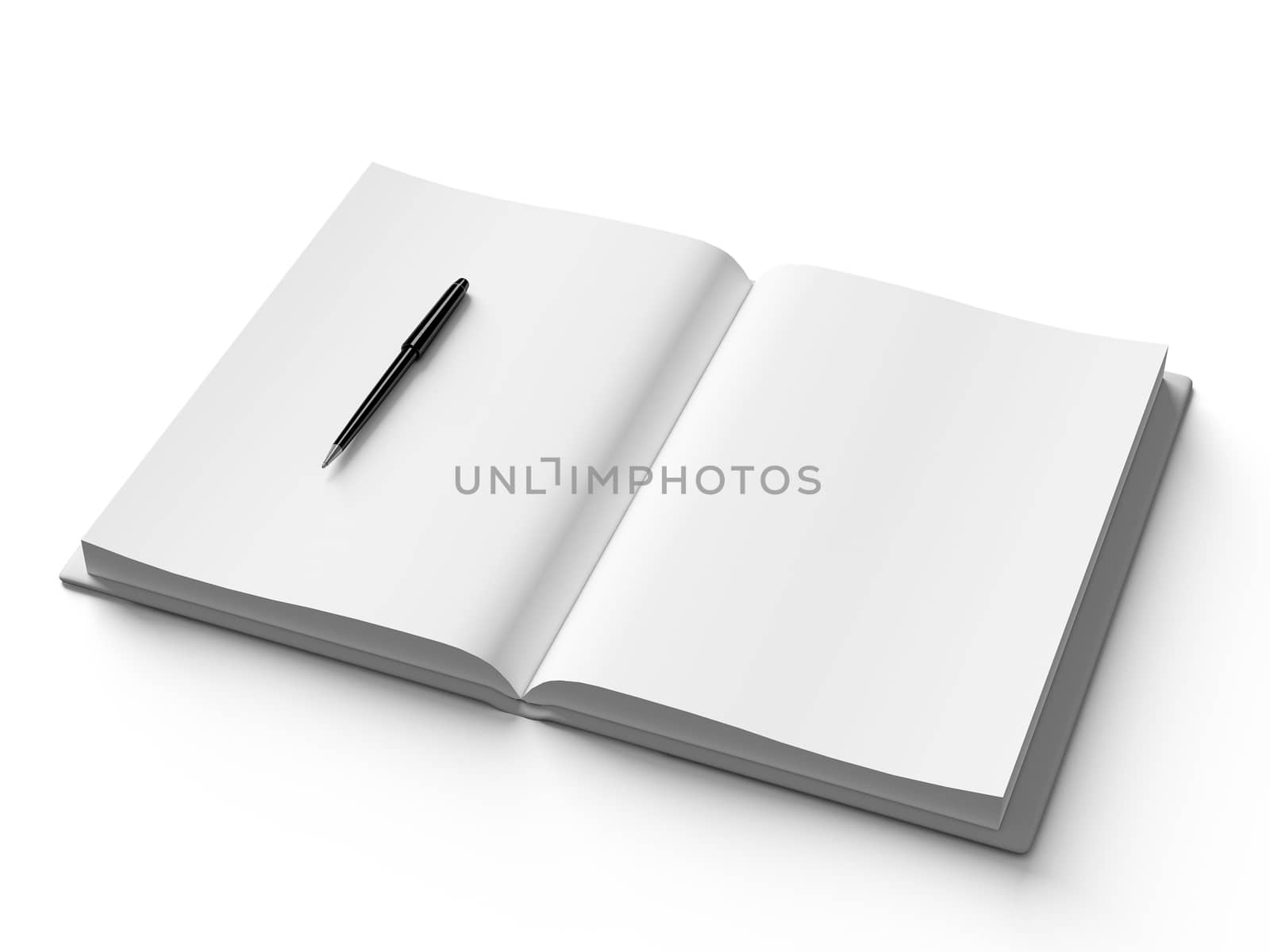 Black pen on white open book, on white background, concept