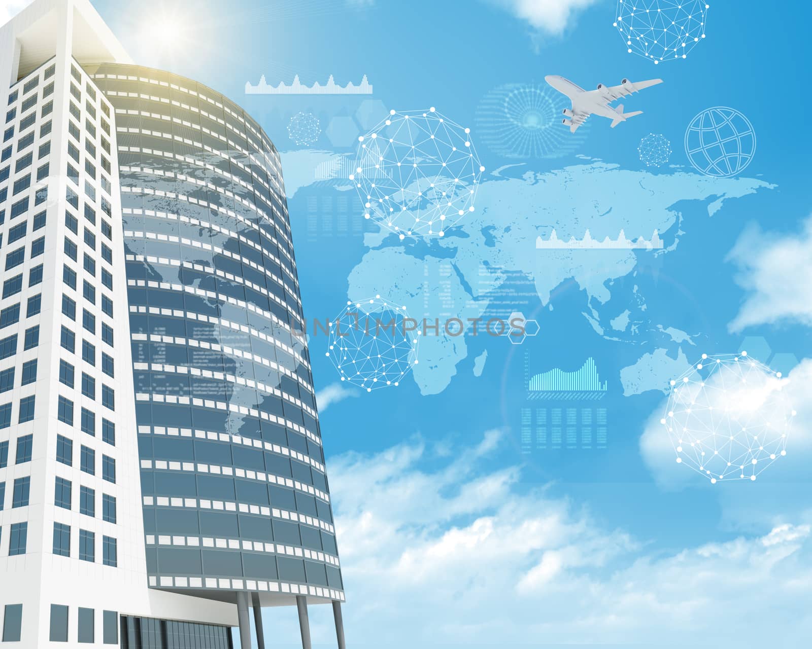 Skyscraper with graphical charts on blue sky background