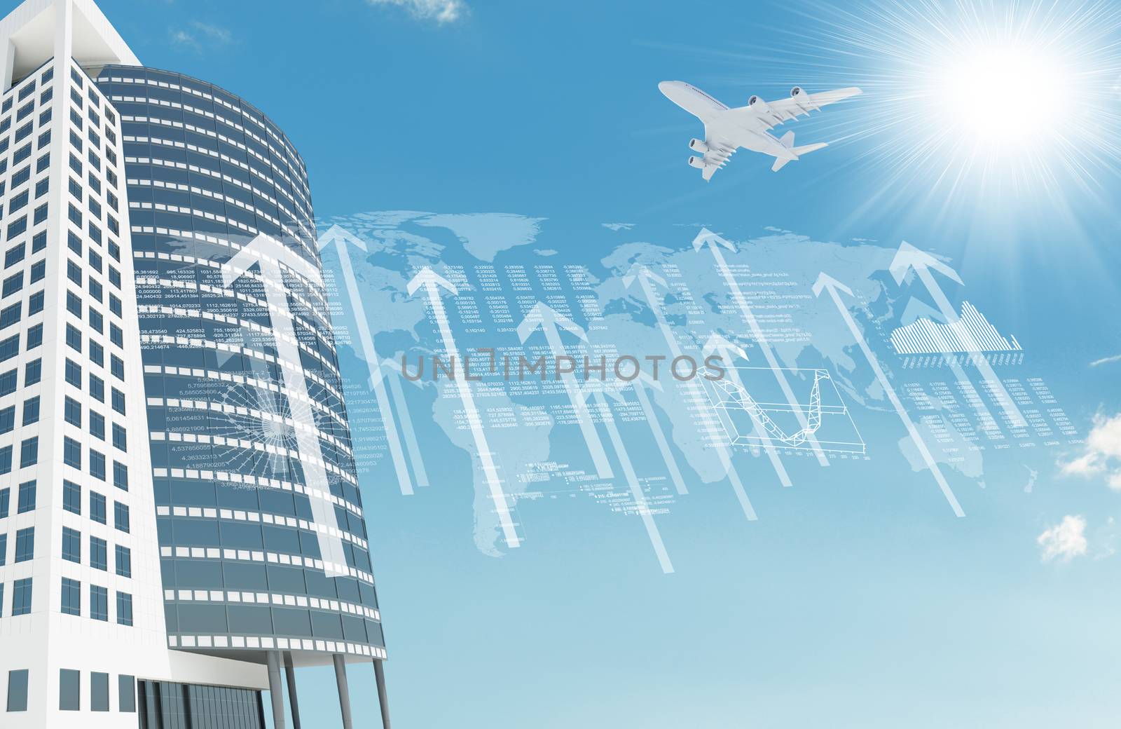 Skyscraper with graphical charts and arrows on blue sky background