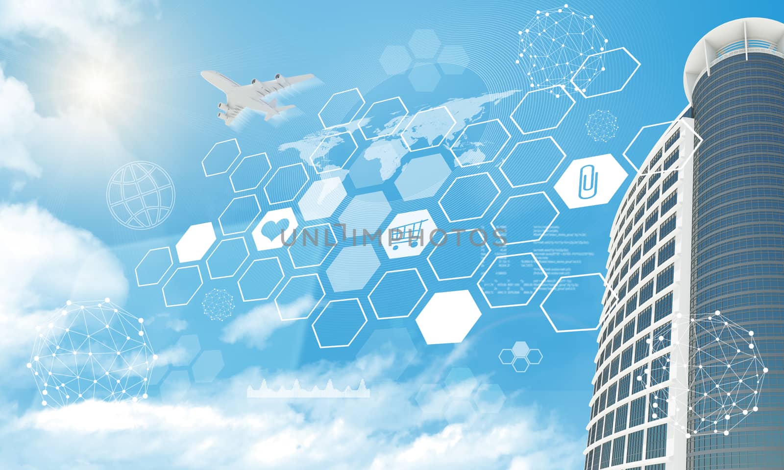 Skyscraper with icons, molecule and jet on blue sky background