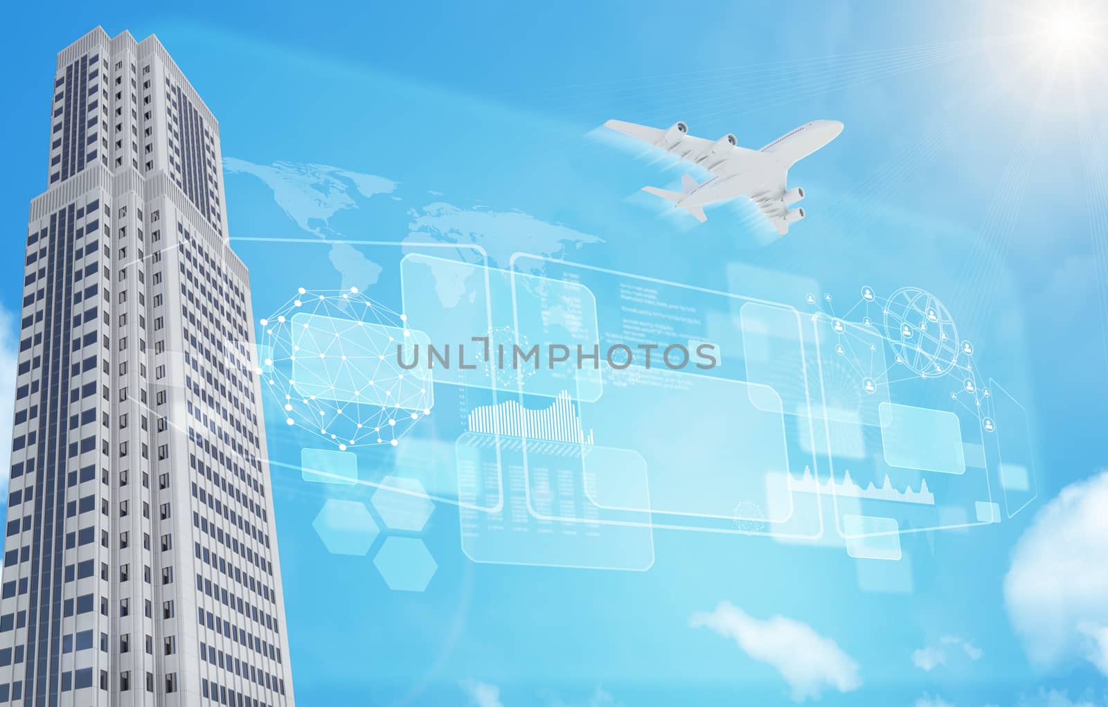 Business center with jet and world map on blue sky background