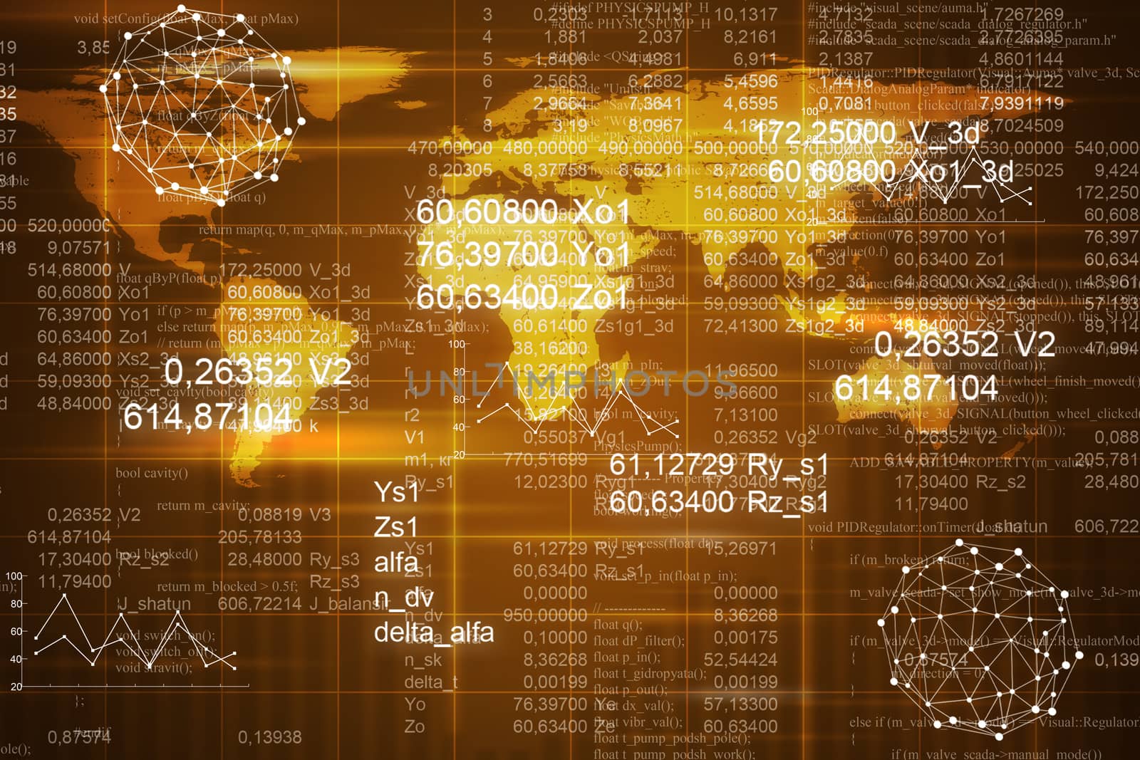 Abstract background with world map, molecule and graphs