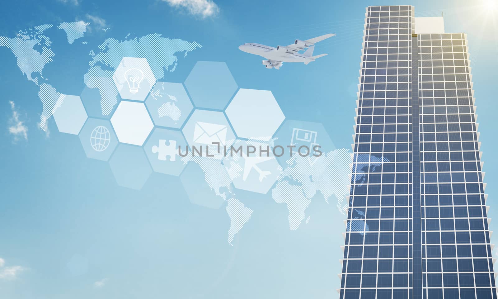 Jet with buildings, jet and symbols on blue sky background
