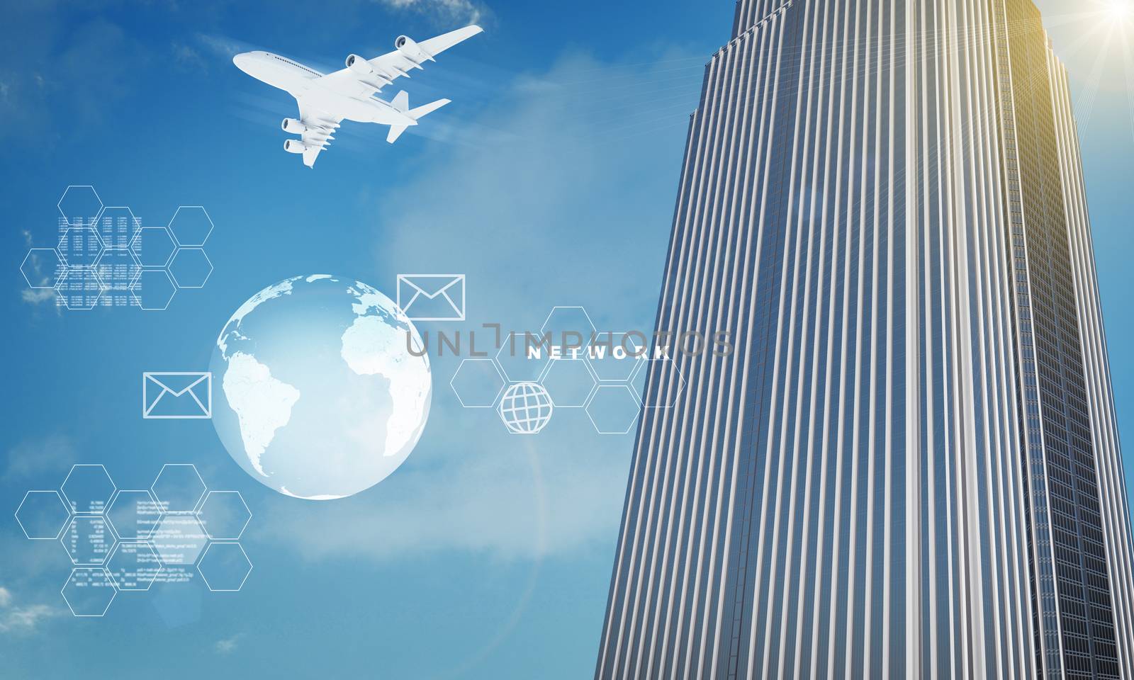 Earth with skyscraper and icons on blue sky background. Elements of this image furnished by NASA