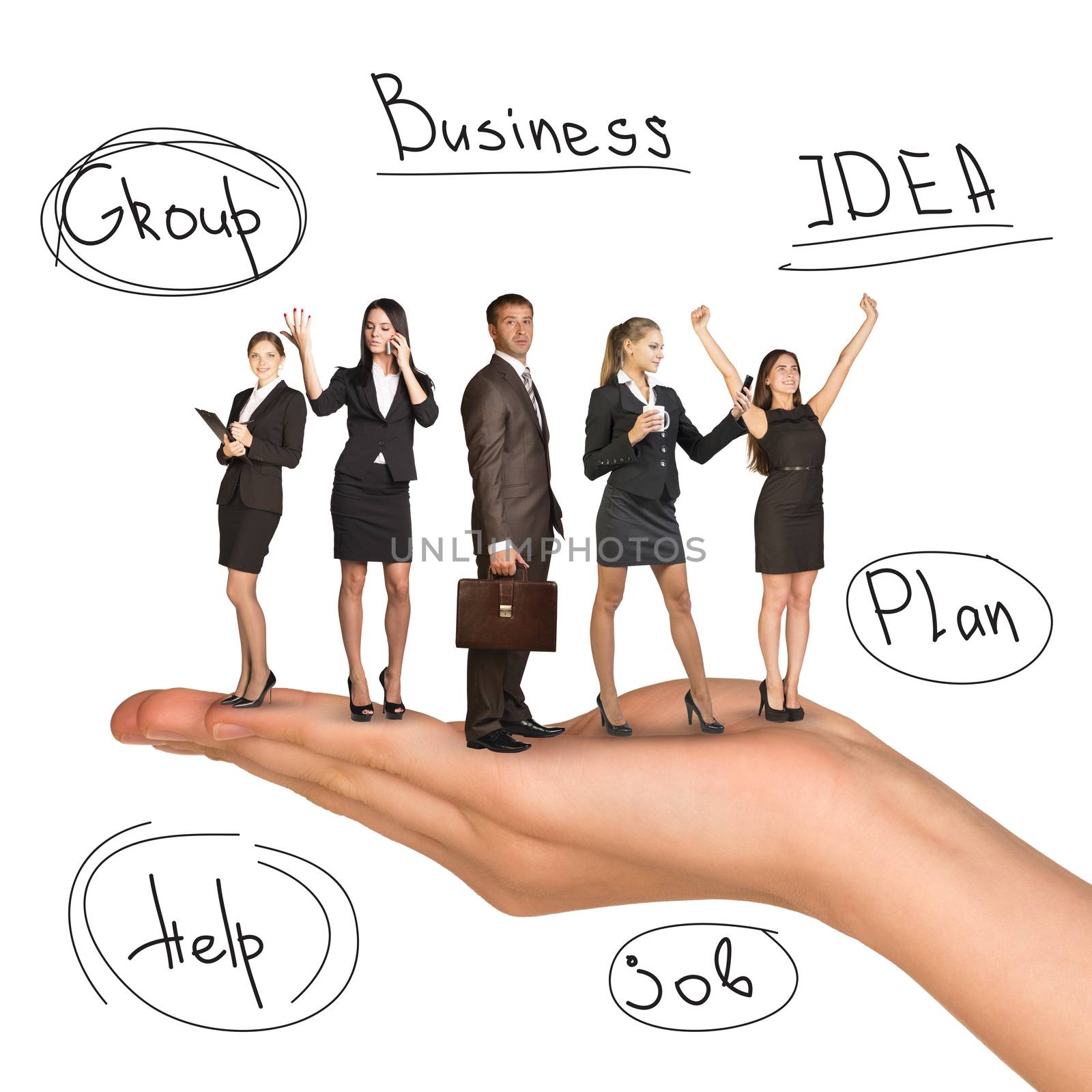 Business people in humans hand on isolated white background