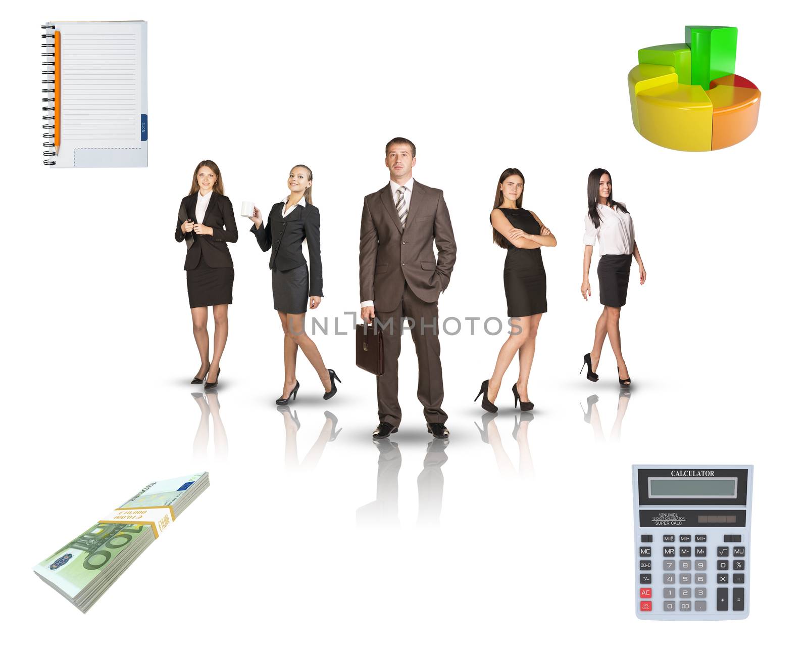 Group of business people with graphs on isolated white background