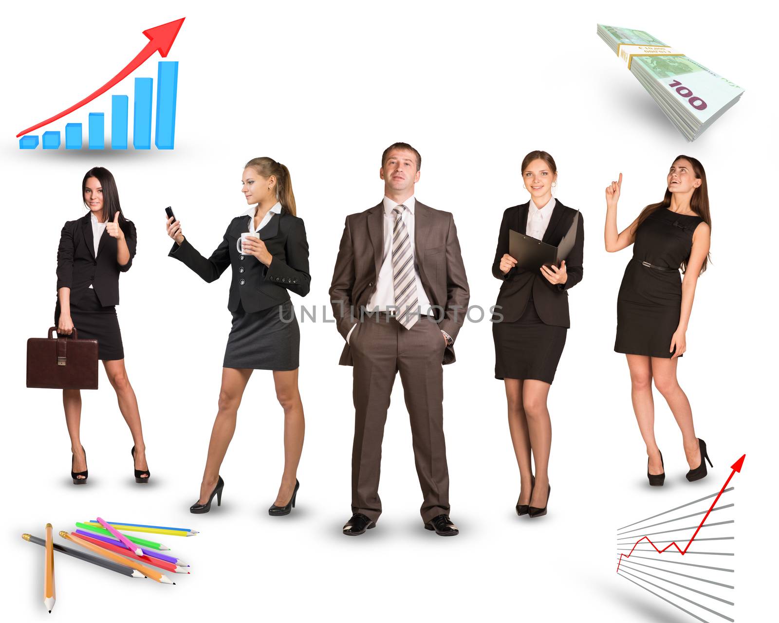 Group of young business people in different postures with graphs on isolated white background