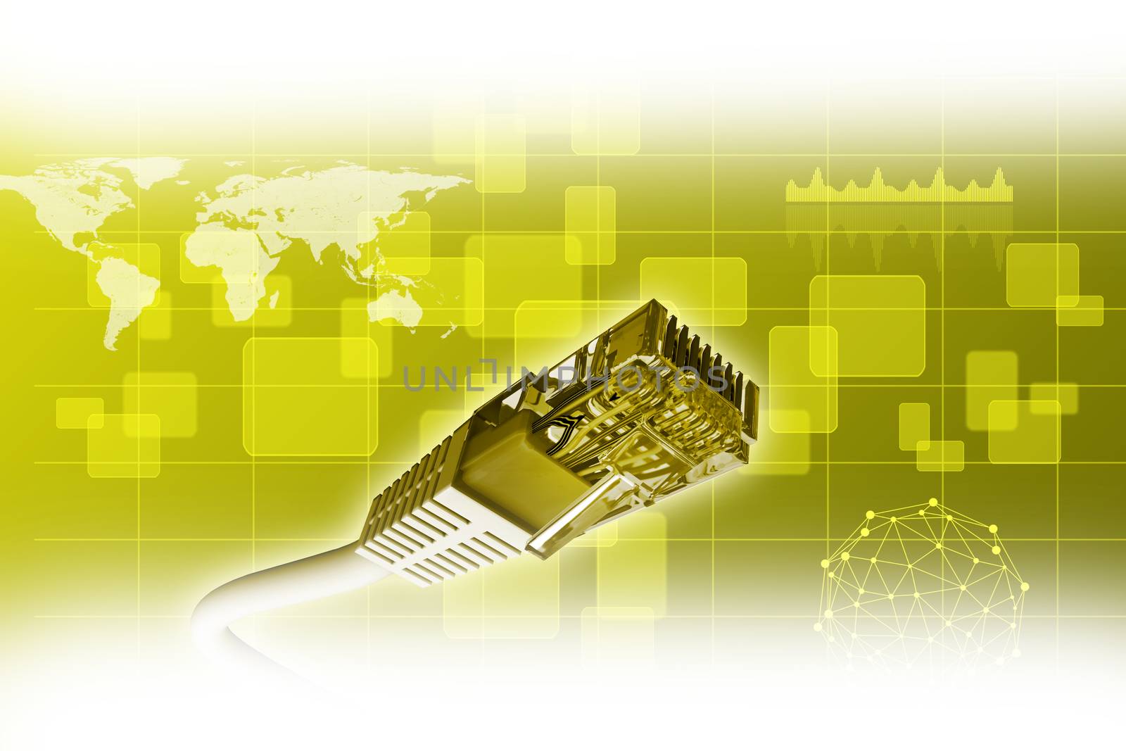 Computer cables on abstract yellow background with world map