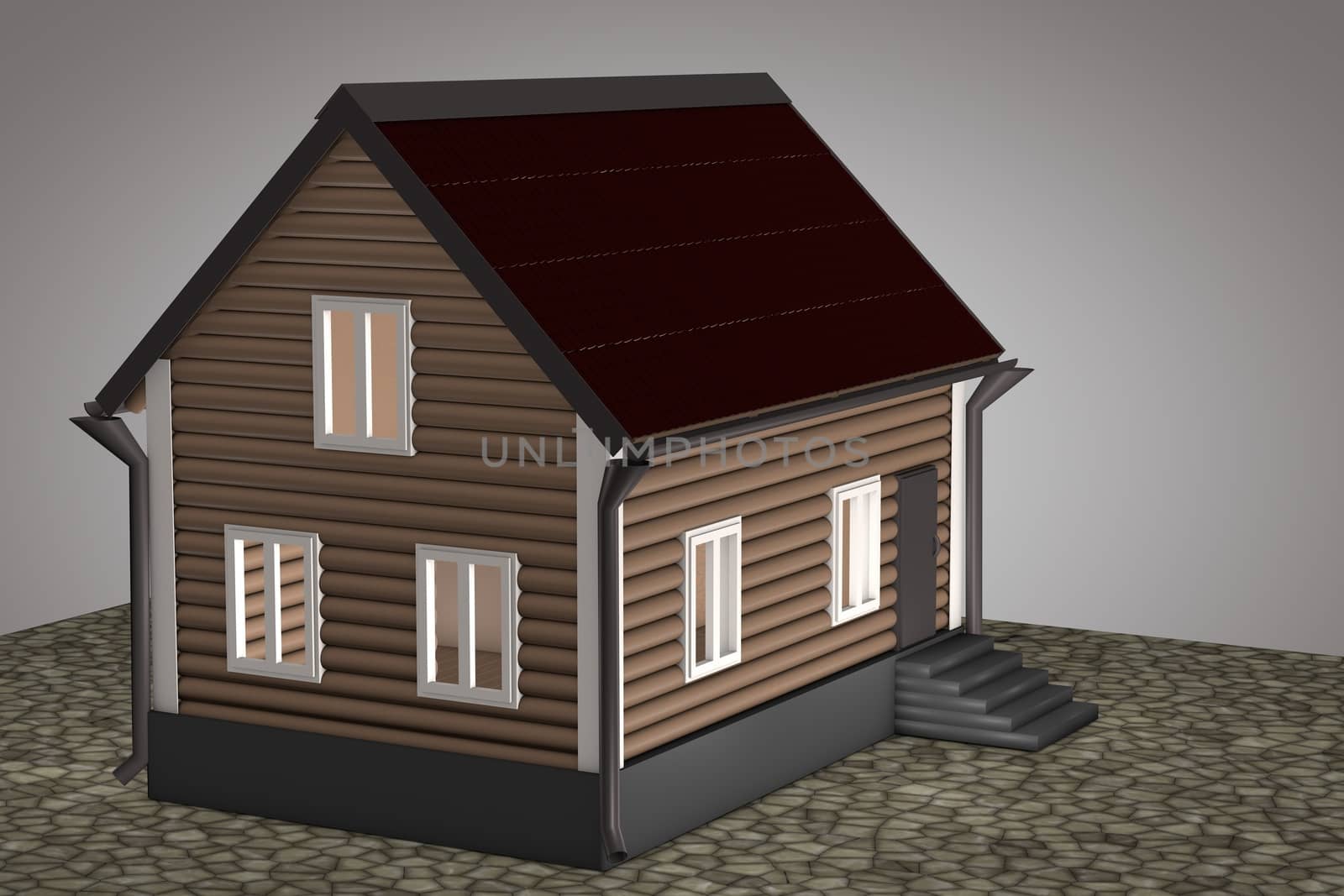 A small house with a red roof on a gray background