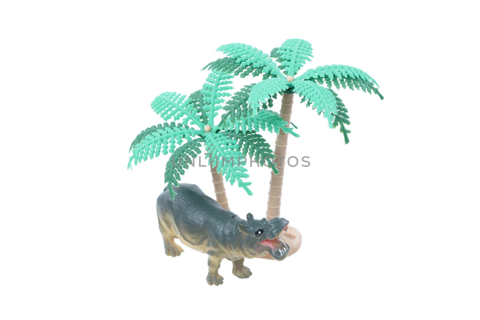 A small toy hippo with trees isolated on a white background.