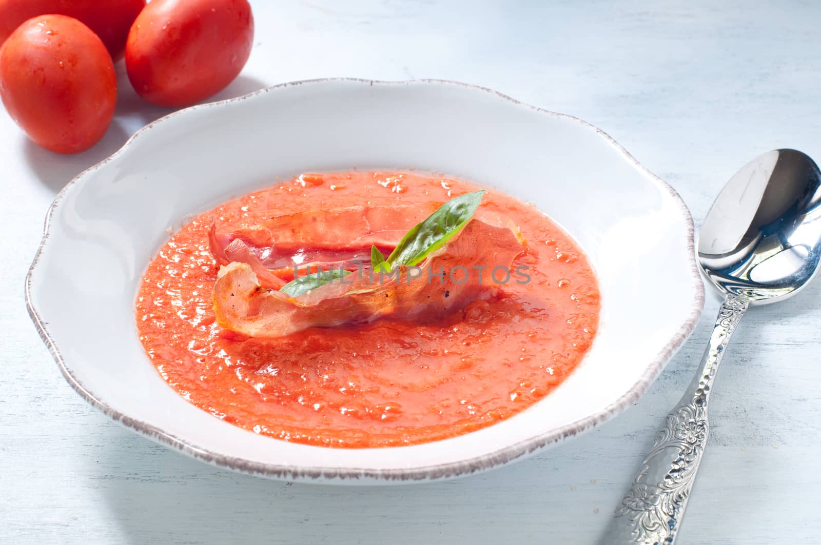 Cold tomato soup with crispy prosciutto
