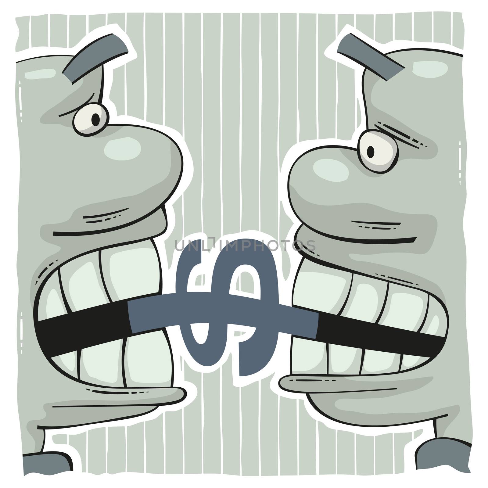 Conflict of two greedy men biting a dollar sign with big teeth