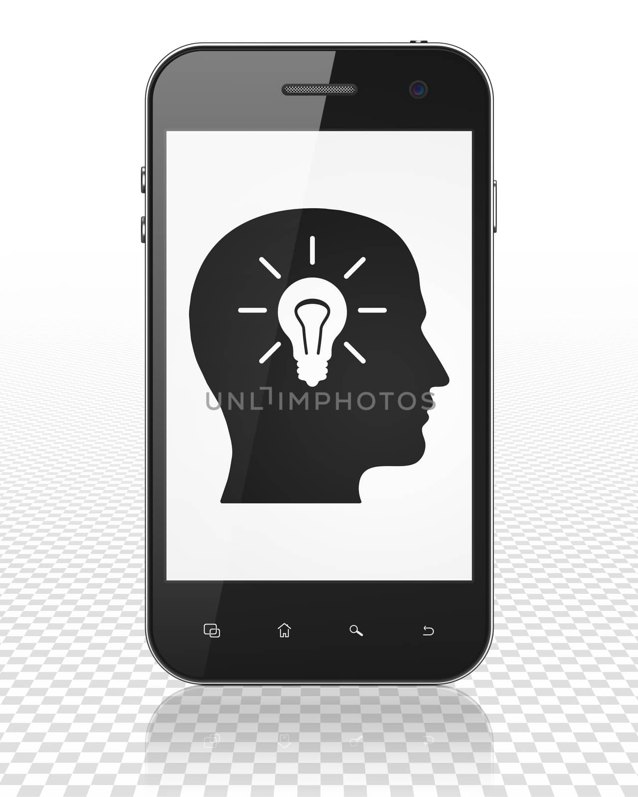 Information concept: Smartphone with Head With Light Bulb on display by maxkabakov